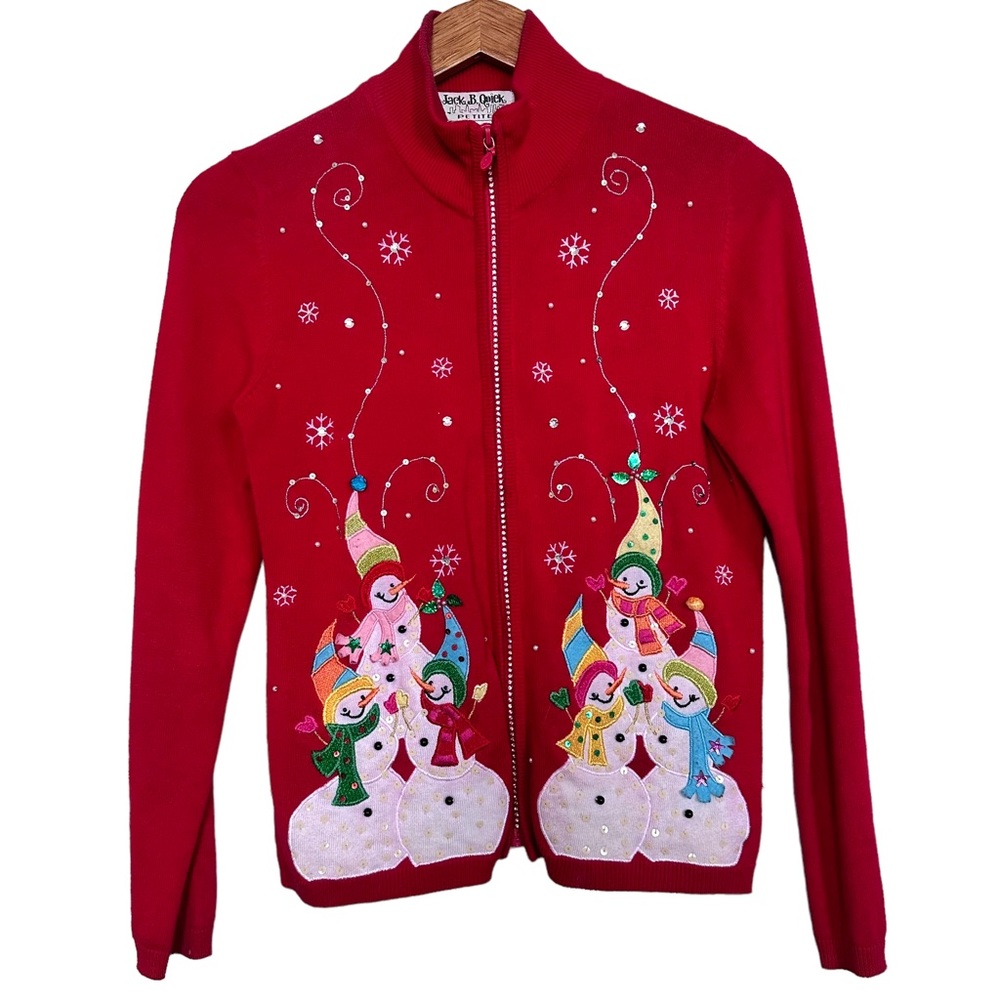 Jack B. Quick Petites Women’s Sz PP Snowman Sweater Christmas Red Front Zip